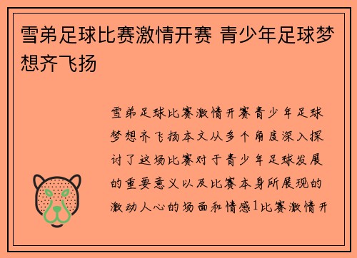 雪弟足球比赛激情开赛 青少年足球梦想齐飞扬