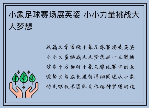 小象足球赛场展英姿 小小力量挑战大大梦想