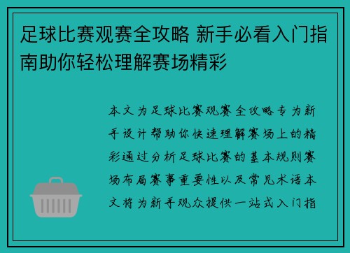足球比赛观赛全攻略 新手必看入门指南助你轻松理解赛场精彩