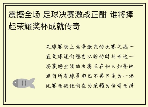震撼全场 足球决赛激战正酣 谁将捧起荣耀奖杯成就传奇