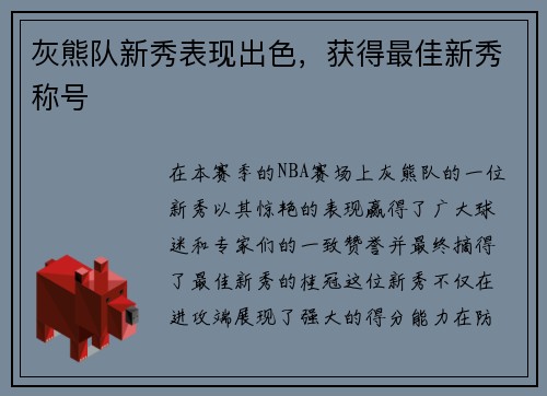 灰熊队新秀表现出色，获得最佳新秀称号