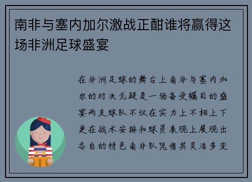南非与塞内加尔激战正酣谁将赢得这场非洲足球盛宴