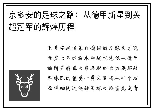 京多安的足球之路：从德甲新星到英超冠军的辉煌历程