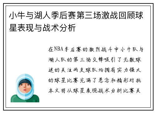 小牛与湖人季后赛第三场激战回顾球星表现与战术分析
