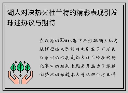 湖人对决热火杜兰特的精彩表现引发球迷热议与期待