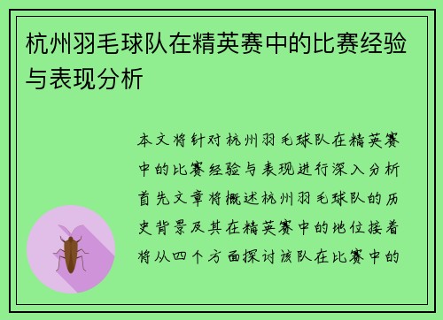 杭州羽毛球队在精英赛中的比赛经验与表现分析