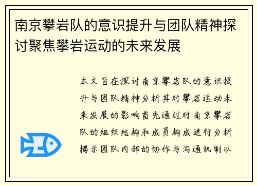 南京攀岩队的意识提升与团队精神探讨聚焦攀岩运动的未来发展