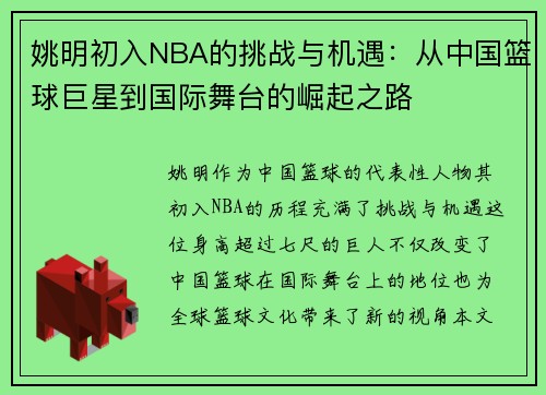 姚明初入NBA的挑战与机遇：从中国篮球巨星到国际舞台的崛起之路