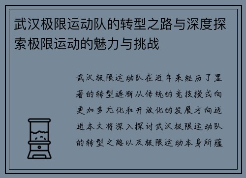 武汉极限运动队的转型之路与深度探索极限运动的魅力与挑战